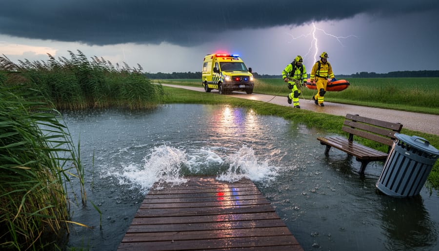 Koi pond with dark storm clouds approaching overhead