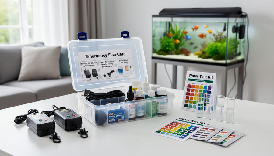 Emergency pond supply kit with battery aerator and water testing equipment