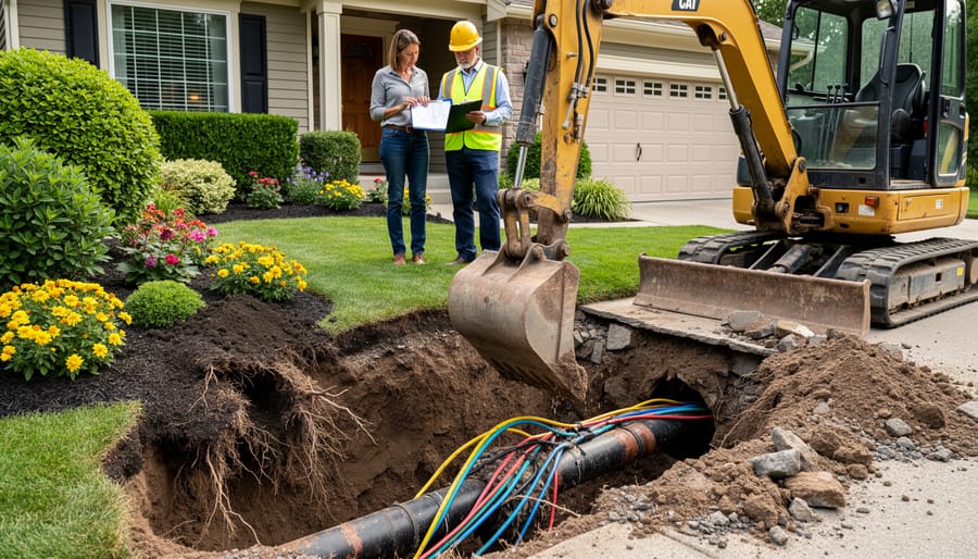 Excavation equipment near damaged property and exposed utility lines during pond construction