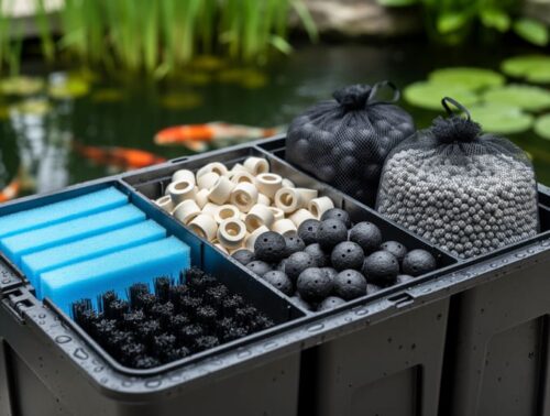 Open pond filter box displaying layered media—blue foam pads and filter brushes in front, ceramic rings and bio-balls in the middle, and mesh bags of activated carbon and gray zeolite at the rear—shot at a 45-degree angle with a blurred koi pond and lilies in the background under soft daylight.