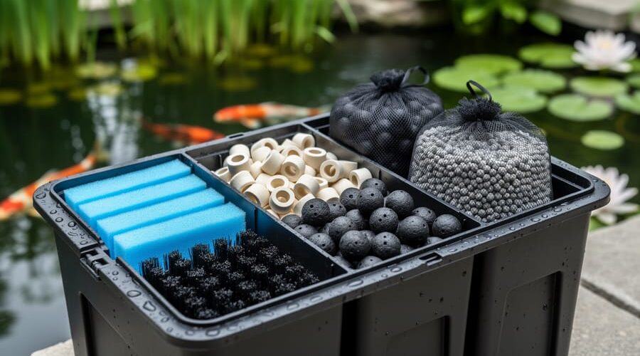 Open pond filter box displaying layered media—blue foam pads and filter brushes in front, ceramic rings and bio-balls in the middle, and mesh bags of activated carbon and gray zeolite at the rear—shot at a 45-degree angle with a blurred koi pond and lilies in the background under soft daylight.