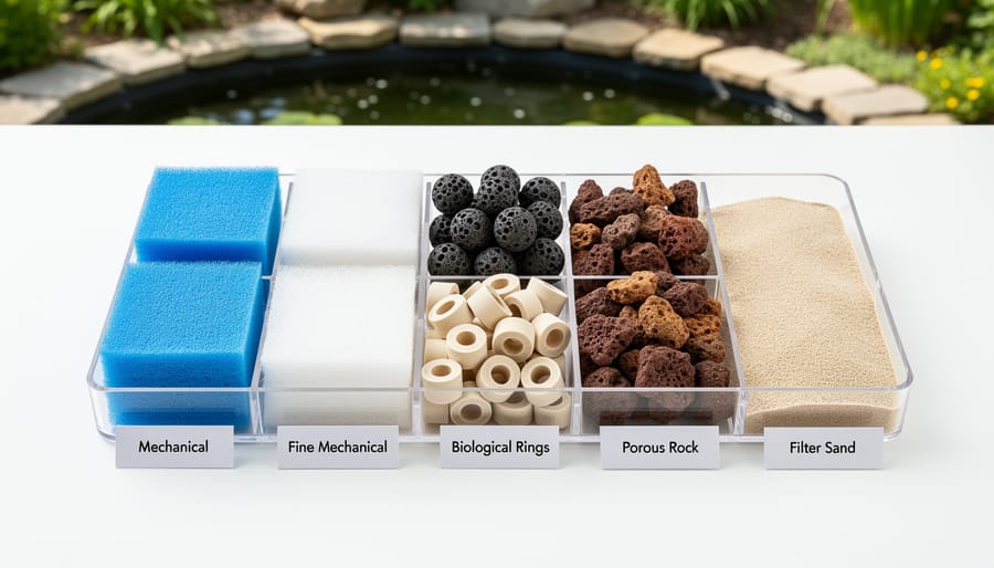 Collection of pond filter media including foam, ceramic rings, and bio-balls arranged together