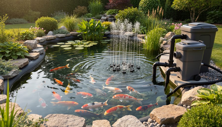 Pond filtration and aeration system with bubbles in clear water