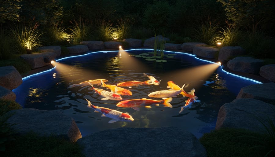 Illuminated koi pond at dusk with underwater lighting creating colorful glows
