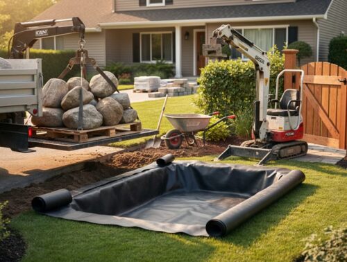 Flatbed truck lowering a pallet of natural boulders beside a rolled pond liner while a compact mini-crane stands at a narrow garden gate in a suburban backyard pond construction scene.