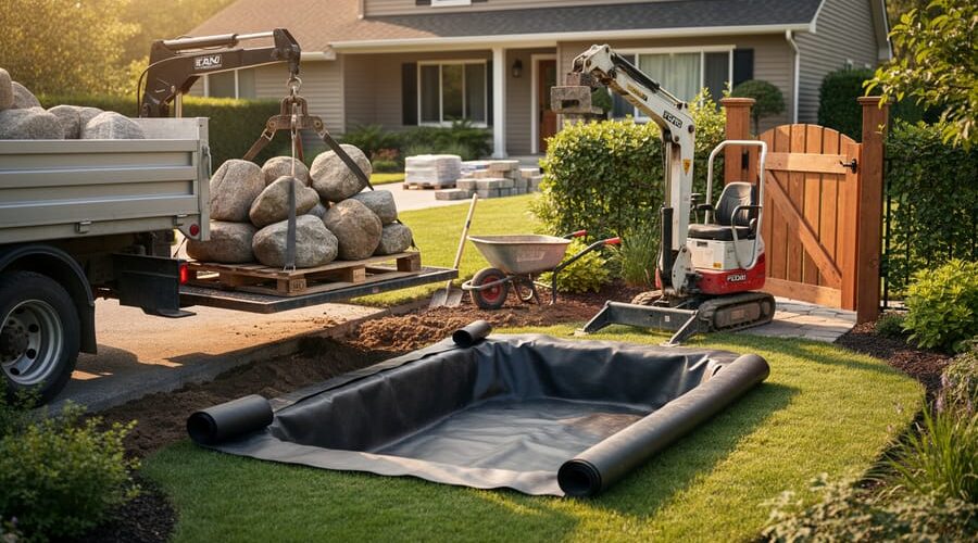 Flatbed truck lowering a pallet of natural boulders beside a rolled pond liner while a compact mini-crane stands at a narrow garden gate in a suburban backyard pond construction scene.