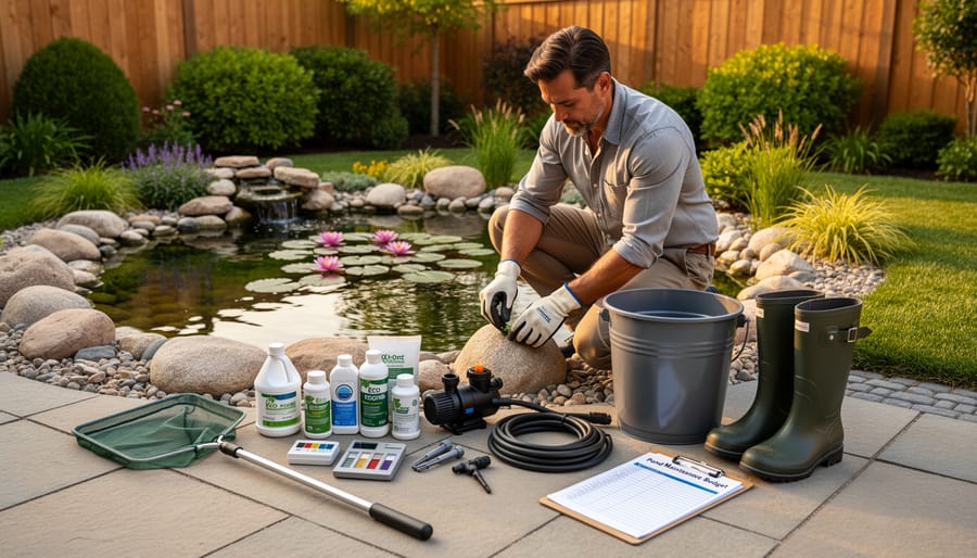 Pond maintenance equipment including pump, UV clarifier, and testing supplies arranged on deck