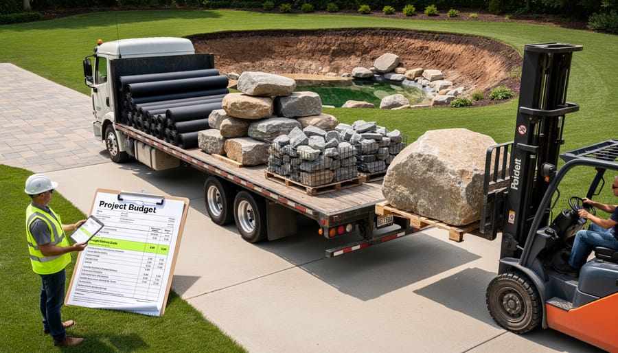 Delivery truck unloading large pond liner and boulders on residential driveway