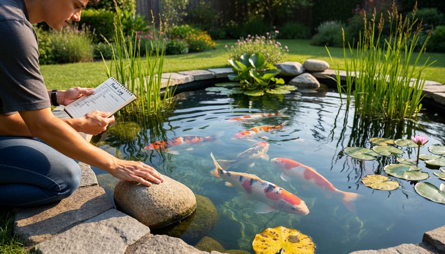 Pond owner examining aquatic plants and observing fish at water's edge