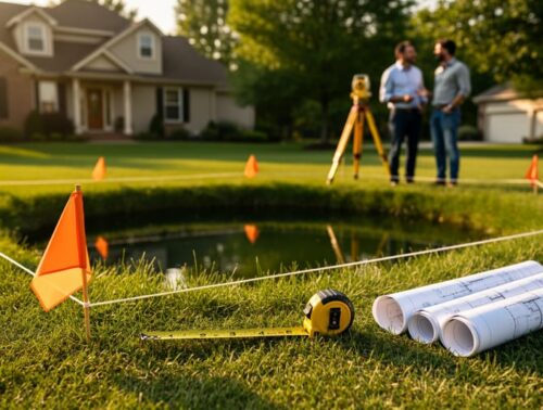 Staked outline with orange flags and string marking a future backyard pond, measuring tape and rolled plans on grass, with a homeowner and a building inspector talking near a house in warm evening light.