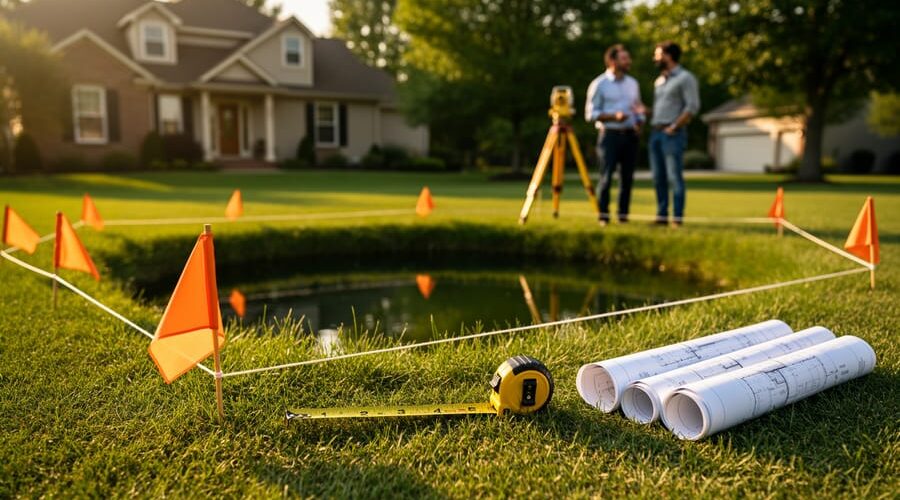 Staked outline with orange flags and string marking a future backyard pond, measuring tape and rolled plans on grass, with a homeowner and a building inspector talking near a house in warm evening light.