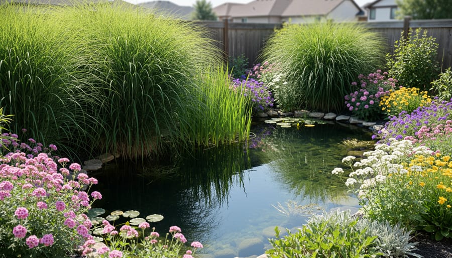Close-up of ornamental grasses and flowering plants along natural stone pond border