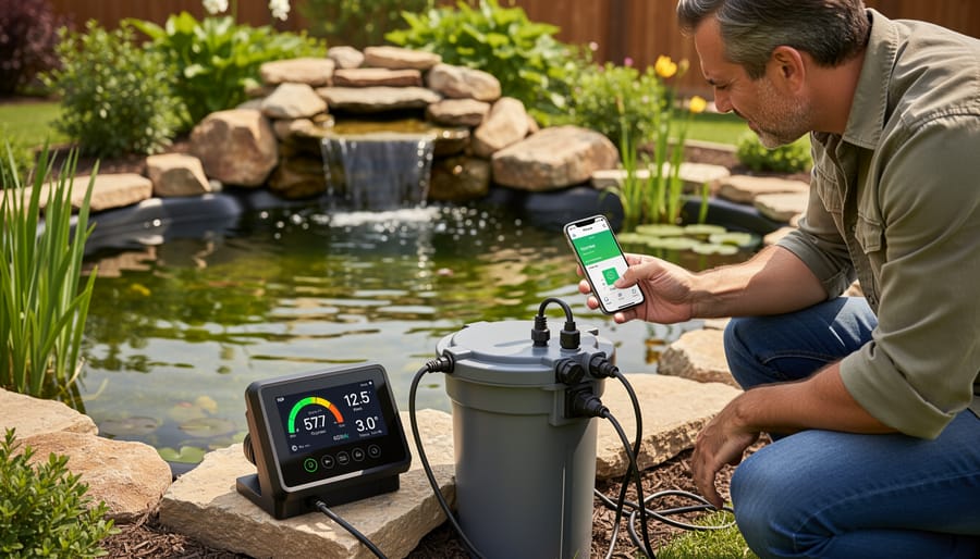 Hand holding electricity meter measuring pond pump power consumption