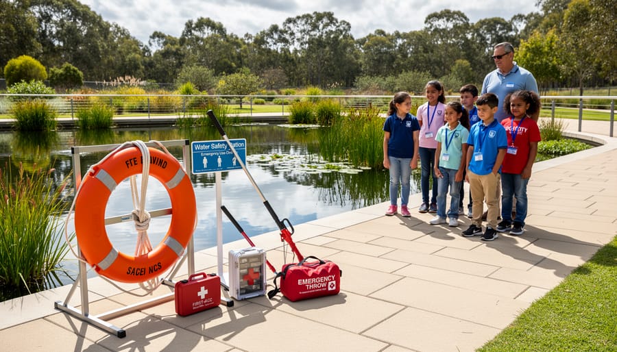 Emergency safety equipment including life ring and first aid kit installed near educational pond