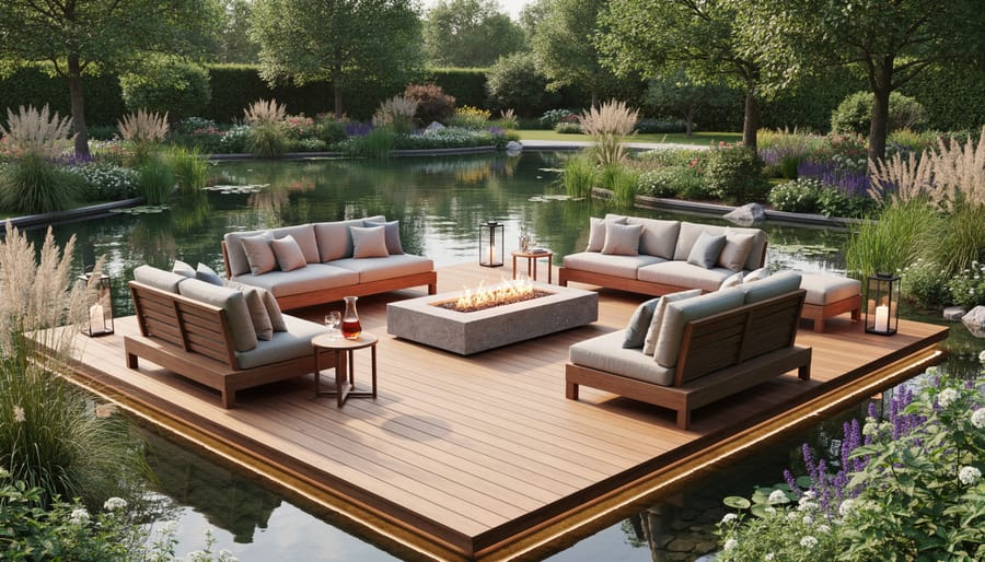 Outdoor lounge seating area positioned beside a backyard pond with clear water and aquatic plants