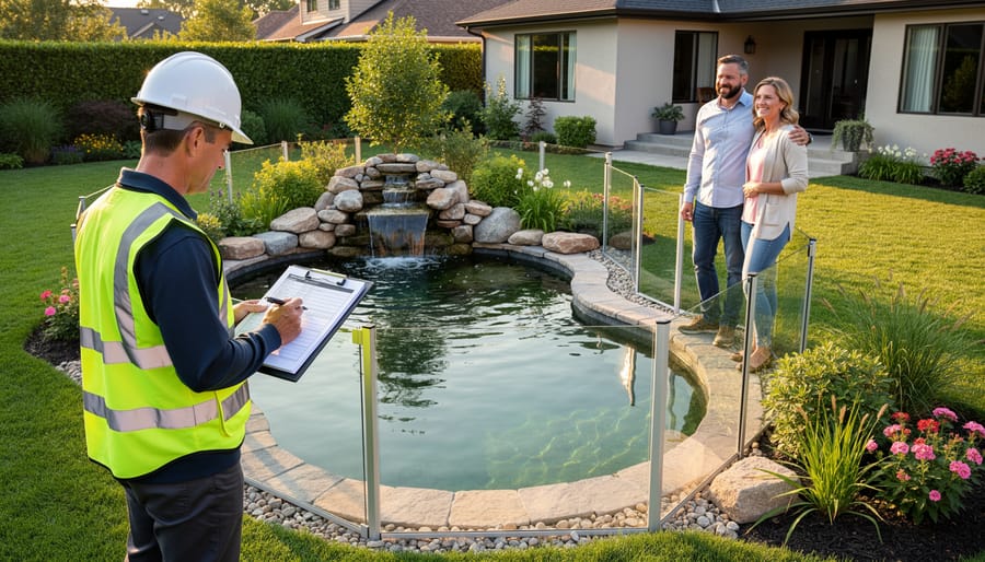 Building inspector reviewing pond construction site with clipboard
