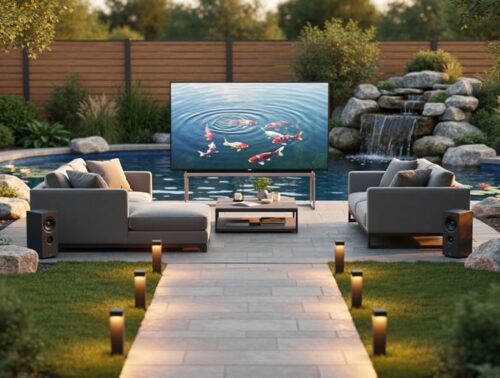 Outdoor lounge with weatherproof TV and modular seating positioned 15–20 feet from a koi pond with a small waterfall, rock-style speakers, and amber LED path lights at golden hour, garden and fence softly blurred in the background.