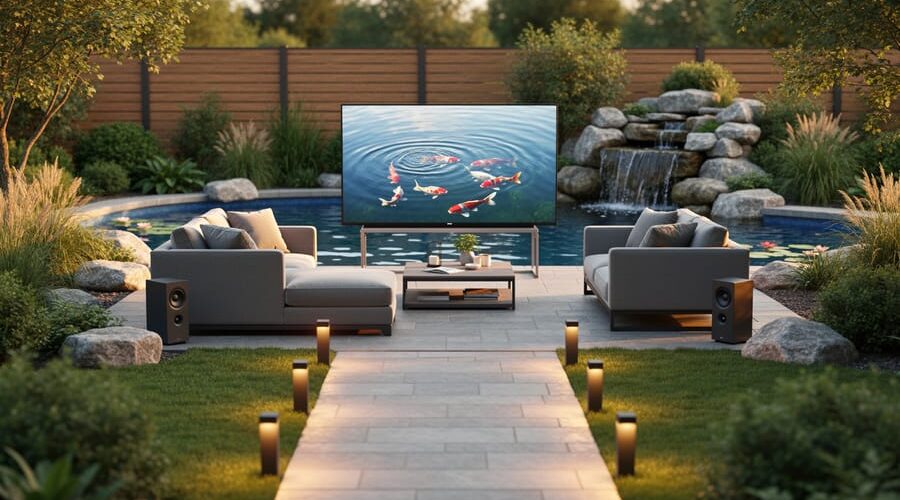 Outdoor lounge with weatherproof TV and modular seating positioned 15–20 feet from a koi pond with a small waterfall, rock-style speakers, and amber LED path lights at golden hour, garden and fence softly blurred in the background.