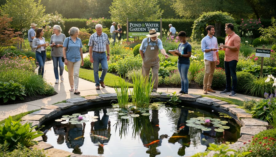 Group of water gardening enthusiasts gathered around pond during community tour event