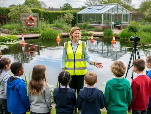 Teacher in a safety vest stands between children and a school garden pond, with a lifebuoy, floating rope line, orange safety cones, and a greenhouse in soft focus; a tripod camera records the session.