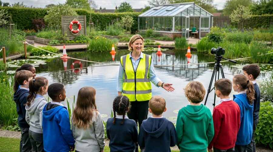 Teacher in a safety vest stands between children and a school garden pond, with a lifebuoy, floating rope line, orange safety cones, and a greenhouse in soft focus; a tripod camera records the session.