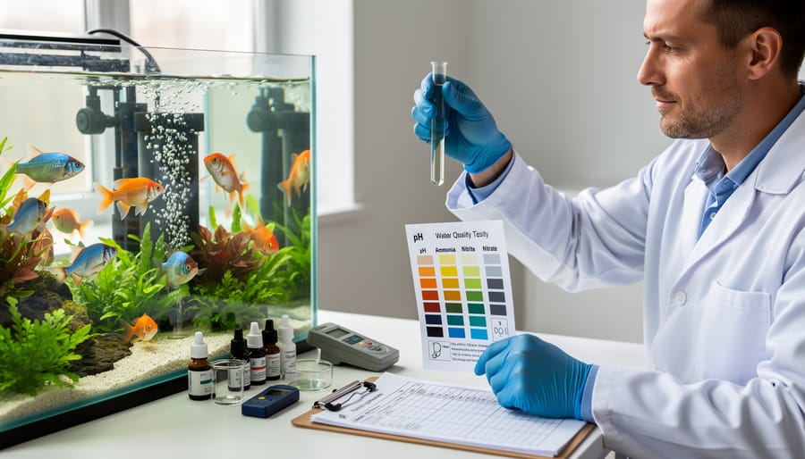 Water testing kit with reagent bottles and sample containers on deck beside pond