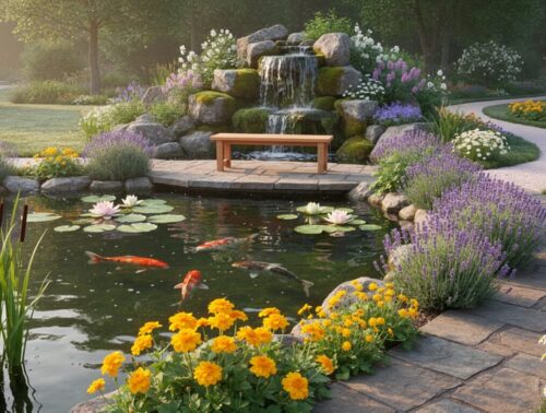 Wooden bench overlooking a tranquil garden pond with a small waterfall, koi swimming among lotus and lily pads, and clusters of lavender, jasmine, chamomile, sweet flag, and marsh marigold along stone edges in warm early-morning light.