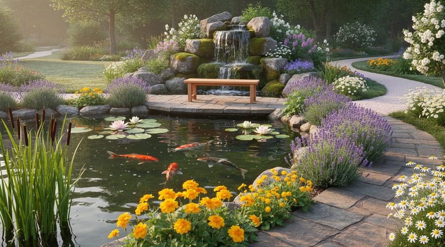 Wooden bench overlooking a tranquil garden pond with a small waterfall, koi swimming among lotus and lily pads, and clusters of lavender, jasmine, chamomile, sweet flag, and marsh marigold along stone edges in warm early-morning light.
