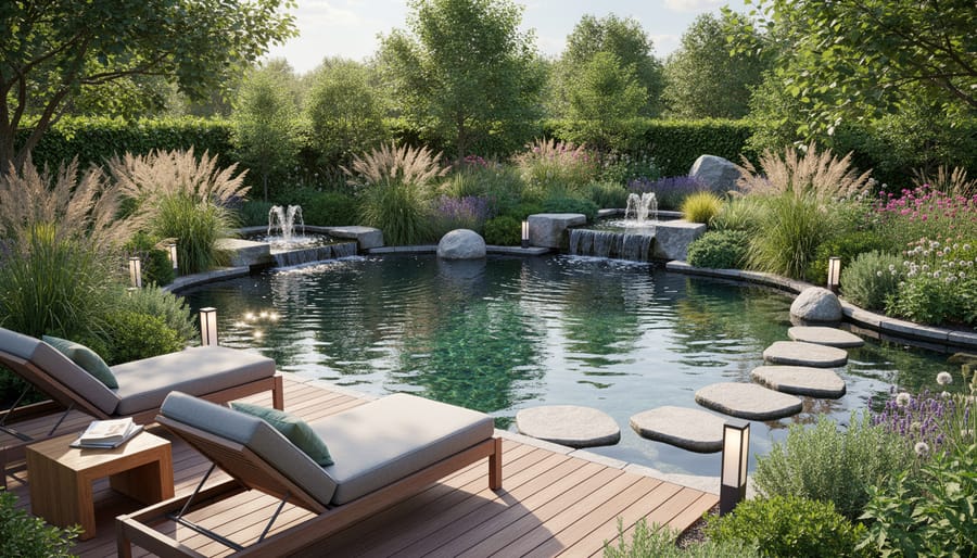 Peaceful garden pond with bench and flowering aquatic plants in natural setting