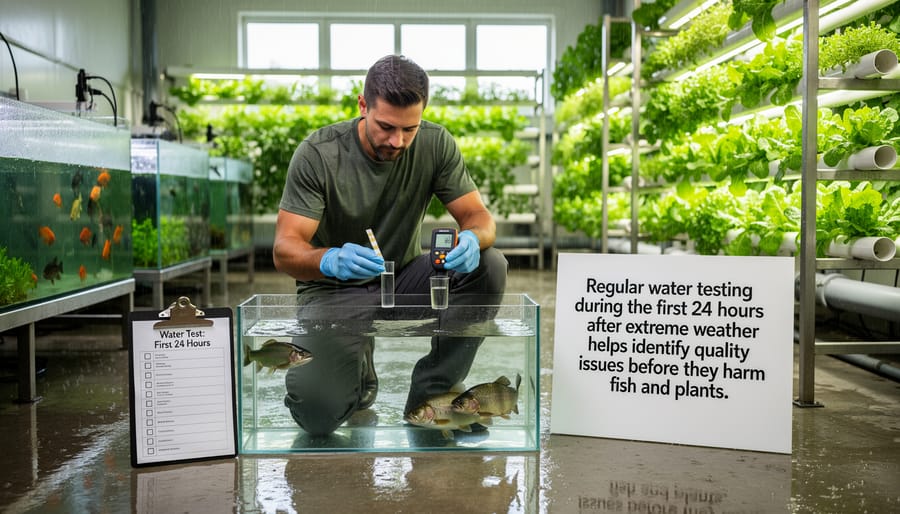 Person testing pond water quality with test kit after weather event