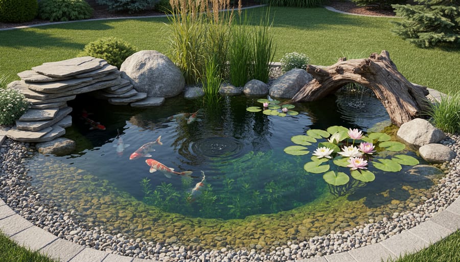 Multi-level garden pond with stone overhangs and planted edges creating natural fish hiding spots