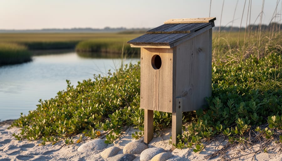 Wooden quail nesting box positioned on ground near pond with native grasses