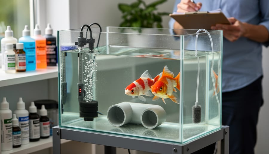 Quarantine tank with koi fish in clean water with aeration equipment