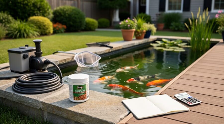 Eye-level view of a backyard koi pond with pump, filter box, garden hose, skimmer net, and an unlabeled fish-food container on the stone edge, plus a blank notebook and turned-off calculator on a wooden deck, in soft late-afternoon light with a blurred garden and home in the background.