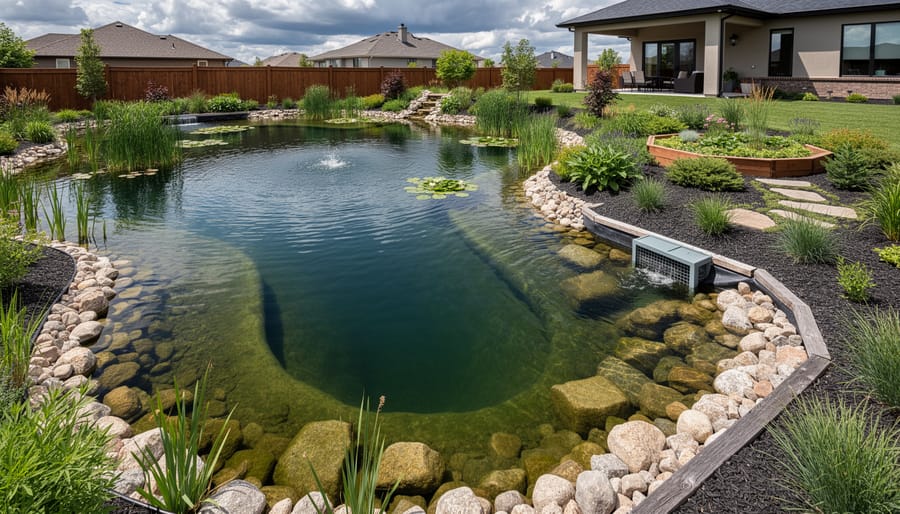 Well-designed backyard pond with overflow system, depth zones, and protective landscaping features