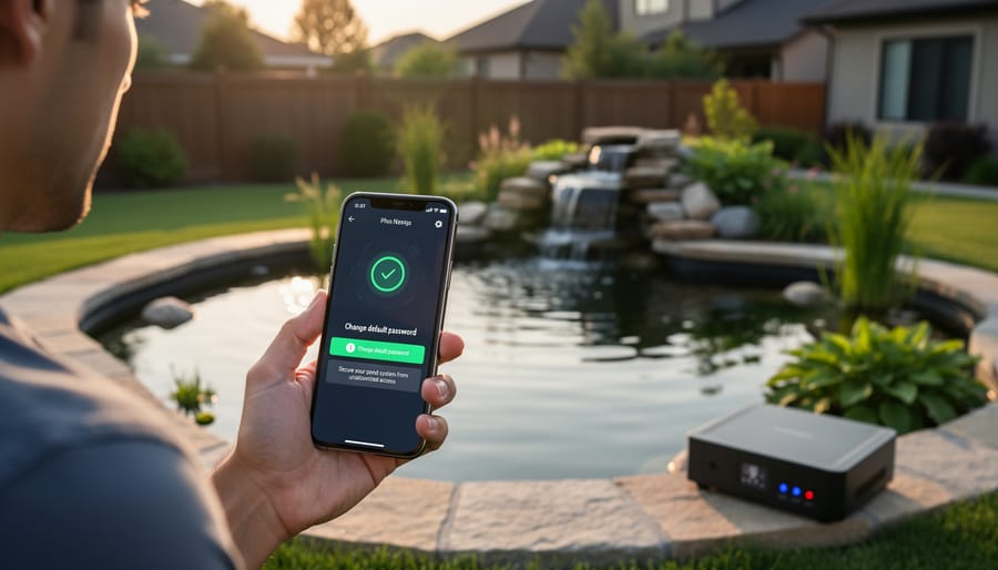 Hands typing password on laptop with backyard pond visible in background through window