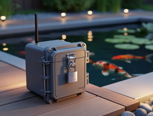Weatherproof smart pond controller with a padlock and Wi‑Fi antenna on a deck next to a koi pond at sunset, with koi and water lilies softly blurred in the background.