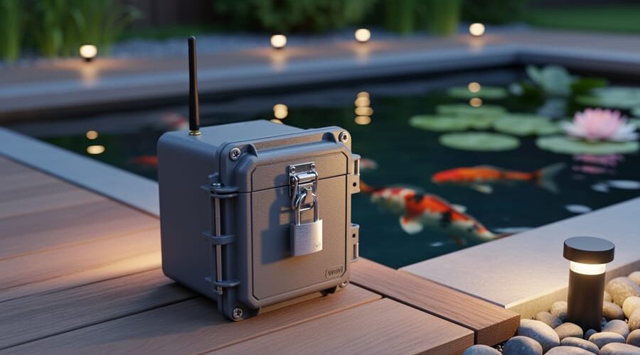 Weatherproof smart pond controller with a padlock and Wi‑Fi antenna on a deck next to a koi pond at sunset, with koi and water lilies softly blurred in the background.
