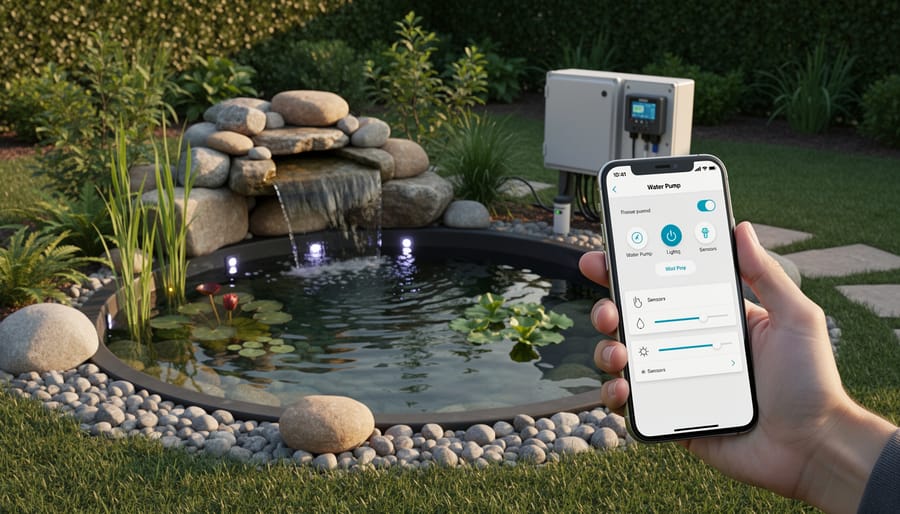 Smartphone displaying pond monitoring app resting on deck beside modern backyard koi pond