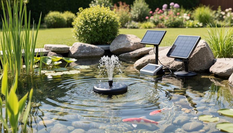 Solar-powered pond aerator floating on pond surface with photovoltaic panel