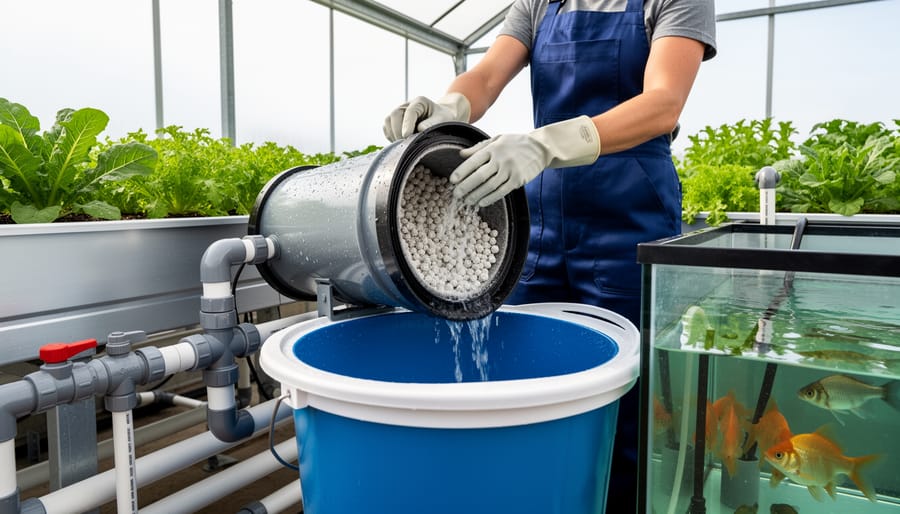 Person wearing gloves cleaning aquaponics solids filter with water spray during routine maintenance