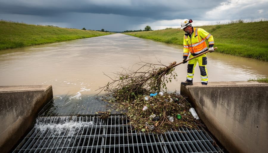 Hands clearing leaves and debris from pond spillway inlet