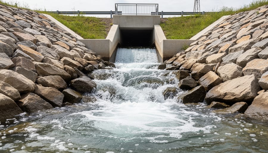 Riprap stones arranged at spillway outlet to prevent erosion damage