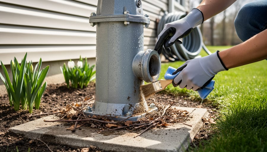 Close-up of hands cleaning waterfall pump removing algae and debris during spring maintenance