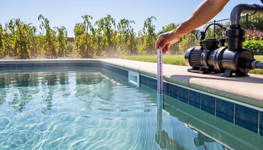 Waterfall feature showing lower water levels during summer heat with monitoring equipment