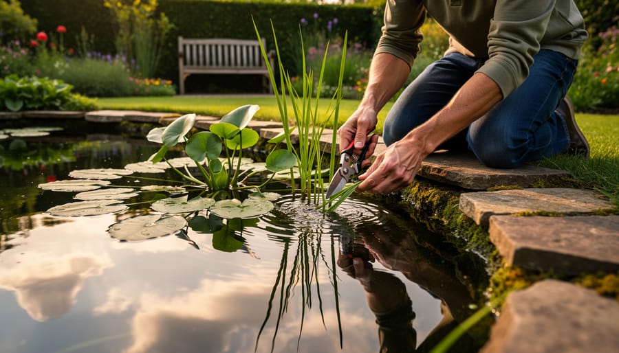 Gardener's hands pruning aquatic plants at pond edge as therapeutic activity