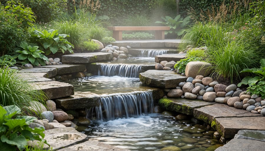 Natural stone waterfall feature in garden pond surrounded by ferns