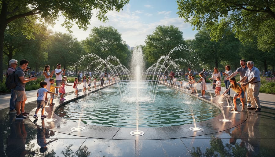 Children's hands reaching toward interactive water jets in residential pond