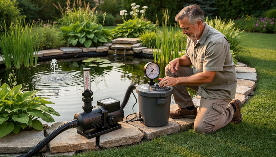 Side-by-side comparison of traditional pond pump and modern smartphone-controlled pump on workbench