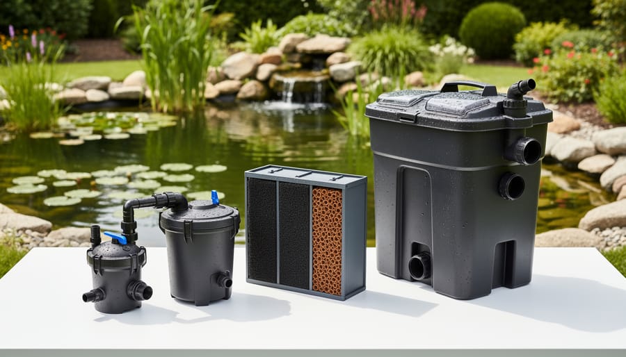 Three different external pond filter models displayed side by side showing variety of designs
